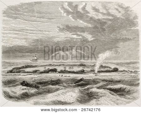 Witsunday ø gamle se, koral atoll. Lavet af De Berard, offentliggjort på Le Tour du Monde, Paris, 