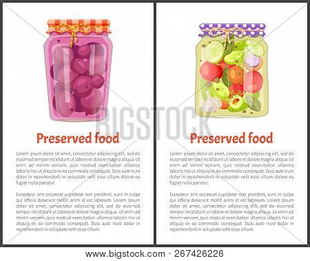 Preserved Food Meal Conserved In Jars. Posters Set With Glass Pots And Pickles Cucumber Tomatoes And