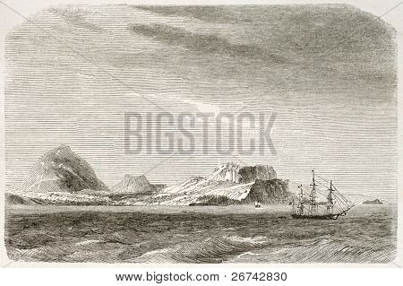 Floreana island starý pohled, Galapagos. Vytvořil(a) De Berard, publikované na Le Tour du Monde, Paris, 186
