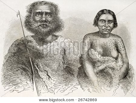 Australianos indígenas velhos gravados retratos. Criado por Fath depois Petermann, publicado em Le Tour 