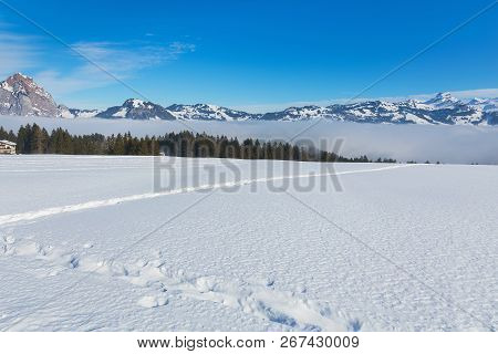 View From The Village Of Stoos In The Swiss Canton Of Schwyz In Winter.