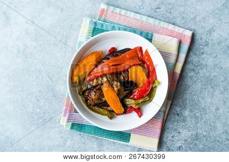 Turkish Food Style Fried Vegetables, Red Pepper, Aubergine, Carrot, Hot Pepper And Onions / Sebze Ki