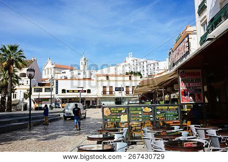 Albufeira, Portugal - June 10, 2017 - Pavement Cafes In The Main Square In The Old Town, Albufeira, 