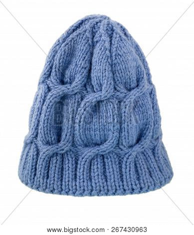 Knitted Hat, Winter Cap. Warm Wool Cap Handmade Blue On A White.