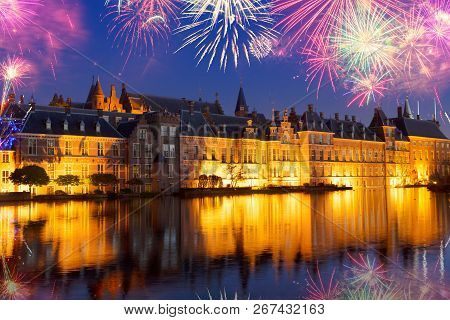 Binnenhof - Dutch Parliament With Old Town Of The Hague With Fireworks, Holland