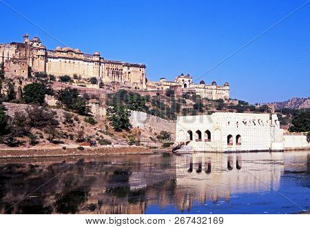 Amer, India - November 23, 1993 - View Of The Amber Fort With A Reflection In The Lake, Amber, Rajas