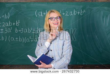 Qualities That Make Good Teacher. Woman Teaching Near Chalkboard. Principles Can Make Teaching Effec