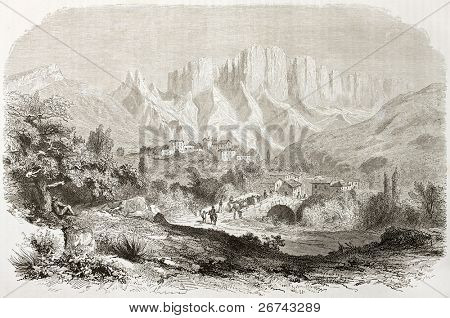 Roumeyer alte Ansicht mit Mount Glandaz im Hintergrund, Frankreich. erstellt von Daubigny nach Muston, Publius