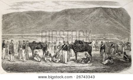 French army mountain gunners during Kabylie expedition, Algeria. Created by Worms, published on L'Illustration, Journal Universel, Paris, 1860