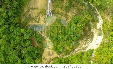 Waterfall From Ravine. Philippines Aerial View. Filipino Nature.