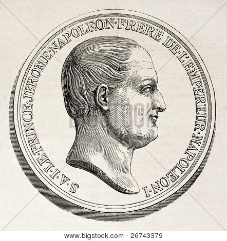 Jerome Bonaparte medal, old illustration. Created by Godefroy-Durand after Barre, published on L'Illustration, Journal Universel, Paris, 1860