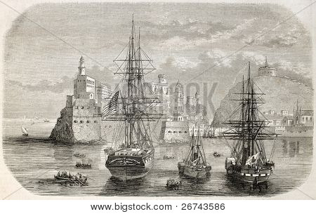 Ships in Gaeta port, Italy. Created by Lebtreton after sketch of Brocard, published on L'Illustration, Journal Universel, Paris, 1860