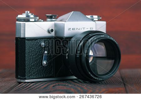 Moscow, Russia, April 20, 2017. The Old Soviet 35 Mm Slr Camera Zenit B, Released 1969.