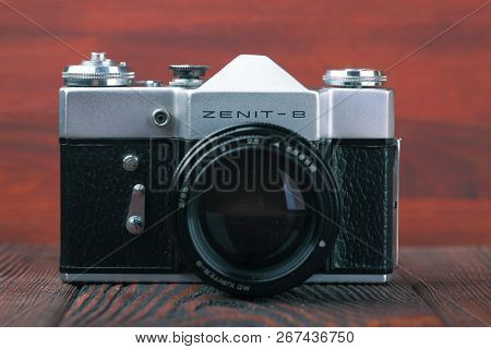 Moscow, Russia, April 20, 2017. The Old Soviet 35 Mm Slr Camera Zenit B, Released 1969.