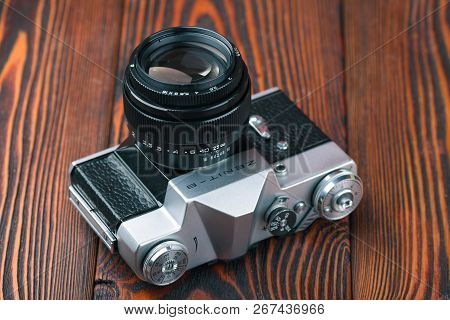 Moscow, Russia, April 20, 2017. The Old Soviet 35 Mm Slr Camera Zenit B, Released 1969.