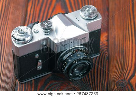 Moscow, Russia, April 20, 2017. The Old Soviet 35 Mm Slr Camera Zenit B, Released 1969.