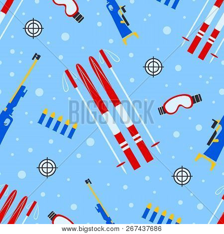 Biathlon Equipment Seamless Pattern. Vector Illustration. Winter Outdoors Repeat Texture. Activities
