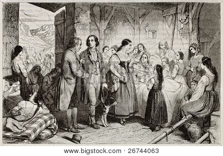 Hermann and Dorothea old illustration (characters of Goethe poem). Created by Girardet, published on Magasin Pittoresque, Paris, 1842