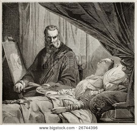 Tintoretto und seine Tochter. erstellt von Girardet nach Bild von Cogniet, veröffentlicht am Magasin Pitt