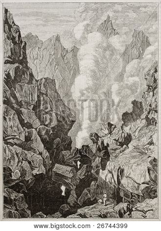 Soufriere kráter staré ilustrace, Guadalupe. Neznámý autor zveřejněný Magasin Pittoresq