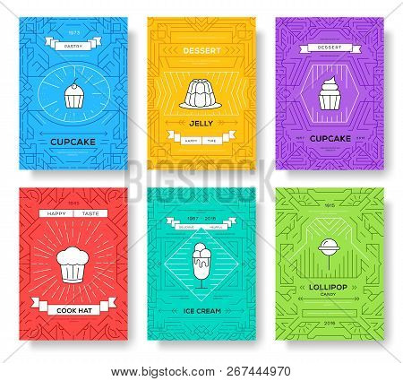 Cake Thin Line Brochure Cards Set. Happy Birthday Traditional Template Of Flyear, Magazines, Posters