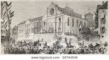 Napoleon III and Empress Eugenie in front of Annecy cathedral, France. Created by Godefroy-Durand,  published on L'Illustration, Journal Universel, Paris, 1860