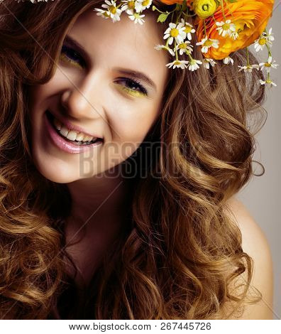 Beauty Young Woman With Flowers And Make Up Close Up, Real Sprin