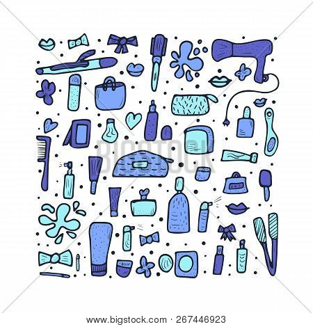 Vector Beauty Items. Set Of Doodle Style Cosmetic Tools. Makeup Collection.