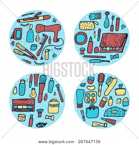 Vector Round Set Of Beauty Items. Set Of Doodle Style Cosmetic Tools. Makeup Collection.
