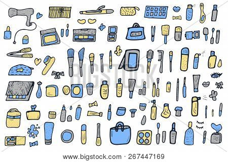 Vector Beauty Items. Set Of Doodle Style Cosmetic Tools. Makeup Collection.