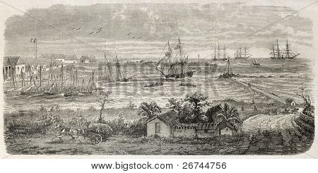 Widok Stary Port Saint-Pierre, Wyspy Reunion. Stworzony przez Lebreton po Roussin, opublikowanego L'Ill