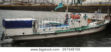 Kazakhstan, Ust-kamenogorsk, November 3, 2018: Small Ship Moored At Ust-kamenogorsk Reservoir. The U