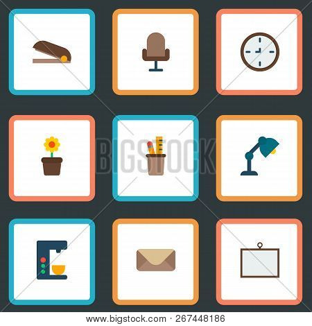 Set Of Bureau Icons Flat Style Symbols With Office Chair, Desk, Coffee Maker And Other Icons For You