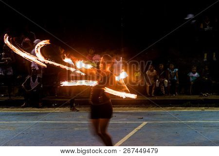 Portobelo, Panama  - May 28, 2016: Woman Performs A Fire Show In Portobelo, Panama
