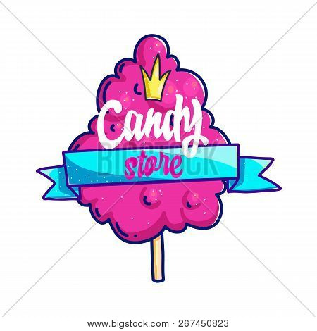 Candy Shop Hand Drawn Vector Logo Design. Calligraphy Lettering On Cotton Candy For Sweets Bar Sign 
