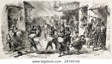 Palermo fire in Royal Palace district. Created by Godefroy-Durand, published on L'Illustration, Journal Universel, Paris, 1860