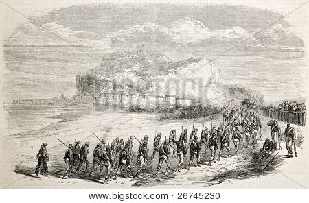Garibaldian troops marching towards Cefalu, Sicily. Created by Godefroy-Durand, published on L'Illustration, Journal Universel, Paris, 1860