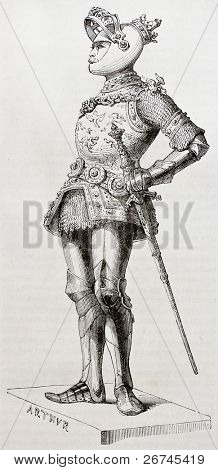King Arthur old illustration. Created by Forest after statue (kept in Court Church, Innsbruck) of Durer and Vischer the Elder.  Published on Magasin Pittoresque, Paris, 1844