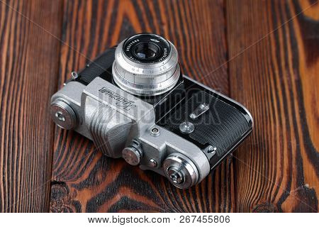 Moscow, Russia, April 20, 2017. The Old Soviet 35 Mm Slr Camera Kristall, Released1962.