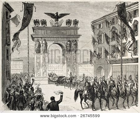 Napoleon III and Empress Eugenie entrance in Nice through triumphal arch. Created by Godefroy-Durand, published on L'Illustration, Journal Universel, Paris, 1860
