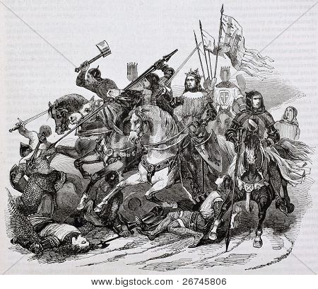 Battle of Bouvines old illustration. By unidentified author, published on Magasin Pittoresque, Paris, 1844