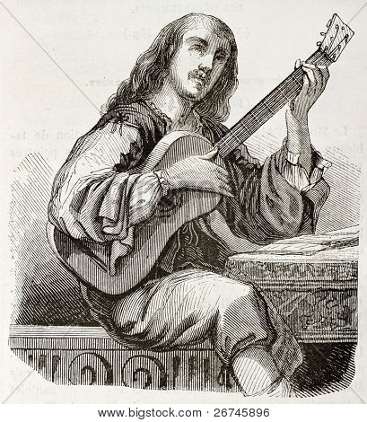 Guitarist gamle illustration. Lavet af Montigneul efter Daret, offentliggjort på Magasin Pittoresque, Par