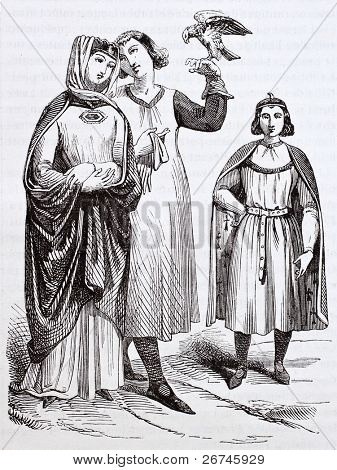 Francouzské středověké kostýmy staré ilustrace: princezna a garde drží Sokol. Po mallotu