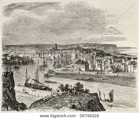 Starý pohled Dieppe, Francie. Vytvořil(a) Morel-Fatio, zveřejněný Magasin Pittoresque, Paříž, 1844