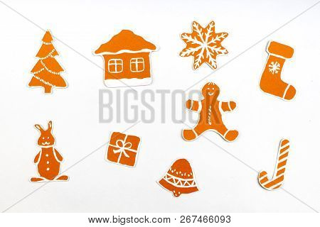Gingerbread Cookies Over White Background. Top View With.