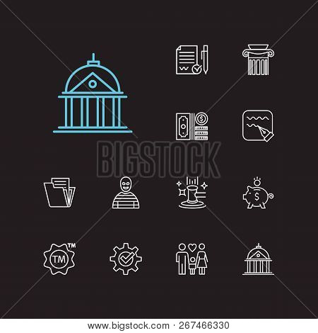 Court Icons Set. Crime And Court Icons With Document, Column And Write. Set Of Contact For Web App L