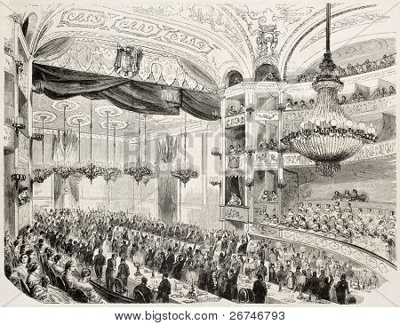 Banquet offered to Ferdinand de Lesseps (developer of the Suez Canal) by the city of Marseilles. Created by Godefroy-Durand after Crapelet, published on L'Illustration, Journal Universel, Paris, 1858