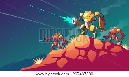 Vector Cartoon Illustration With Robot War On Alien Planet, Mars. Landscape With Combat Robots. Batt