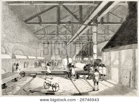 Glass casting in Saint-Gobain factory, France. Created by Godefroy-Durand, published on L'Illustration, Journal Universel, Paris, 1858