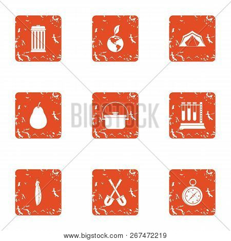 Campground Icons Set. Grunge Set Of 9 Campground Vector Icons For Web Isolated On White Background